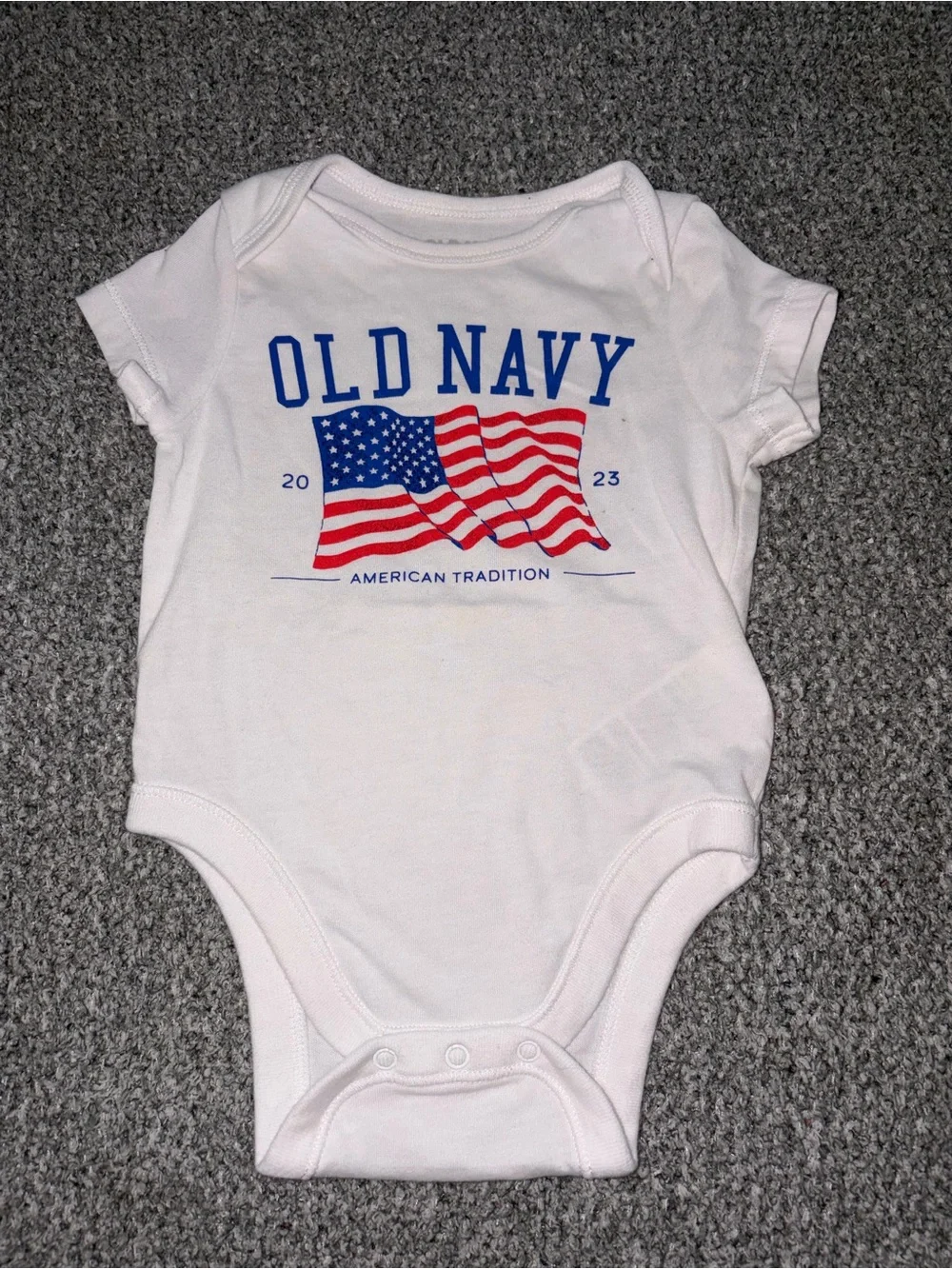 Old Navy White Baby One-Piece with Red and Blue Flag Graphic